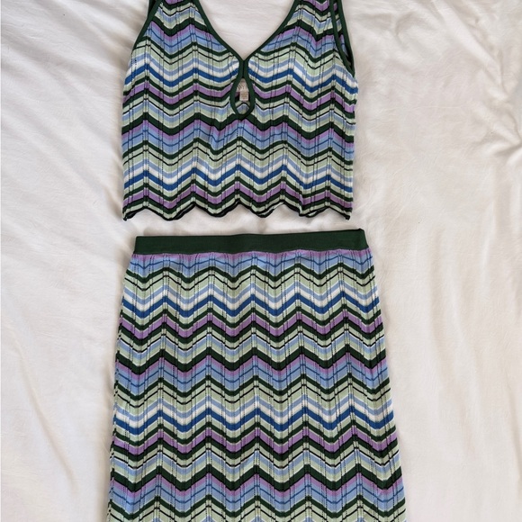 Ronny Kobo Collection Dresses & Skirts - Torn Ronny Kobo Chevron Knit Two Piece Set Green Blue Crop Top Tank Skirt Small